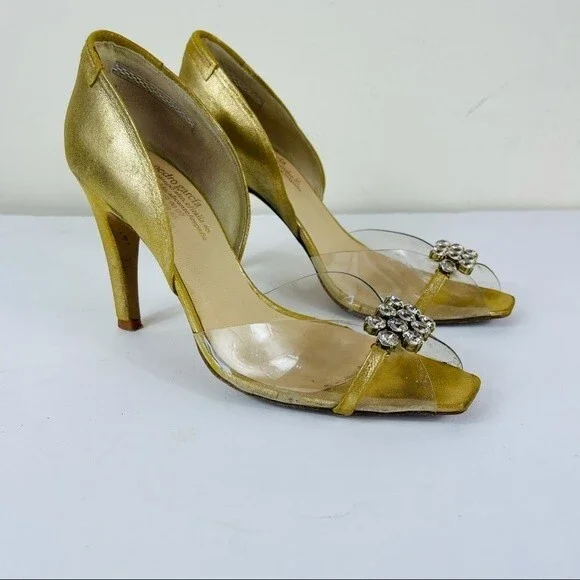 PEDRO GARCIA Retro Gold Metallic Jewel Glitter Peep Toe D'Orsay Heels Shoes 7.5 - Picture 15 of 16